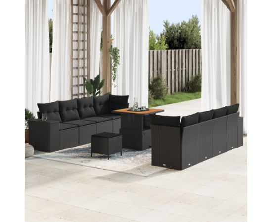 vidaXL 11-elementowy zestaw sof ogrodowych z poduszkami czarny polirattan akacja Dārza mēbeļu komplekti