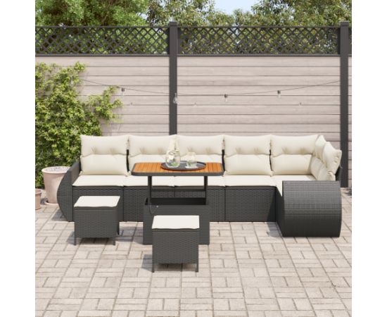 vidaXL 9-częściowy Zestaw Sof Ogrodowych z Poduszkami Czarny Poli Rattan Akacja Dārza mēbeļu komplekti