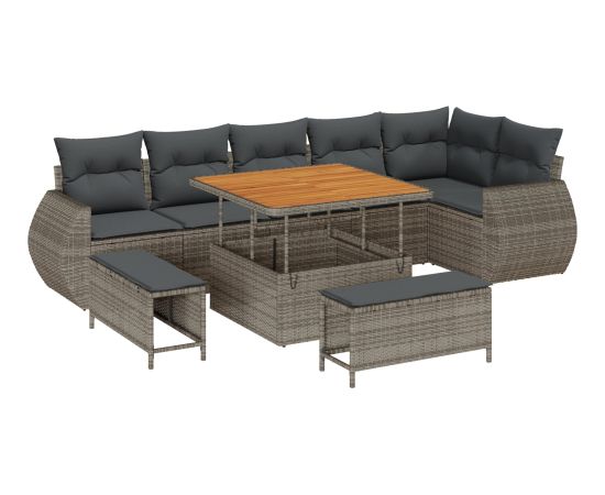 vidaXL 9-częściowy zestaw sof ogrodowych z poduszkami Szary Polirattan Akacja Dārza mēbeļu komplekti