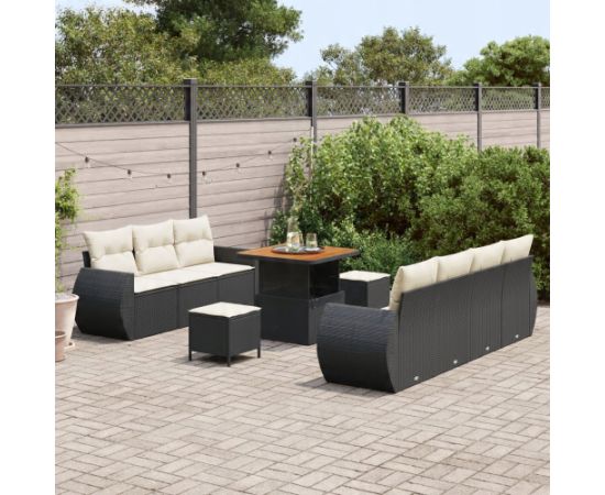 Zestaw sof ogrodowych vidaXL 10-częściowy z poduszkami Czarny polirattan akacja Dārza mēbeļu komplekti