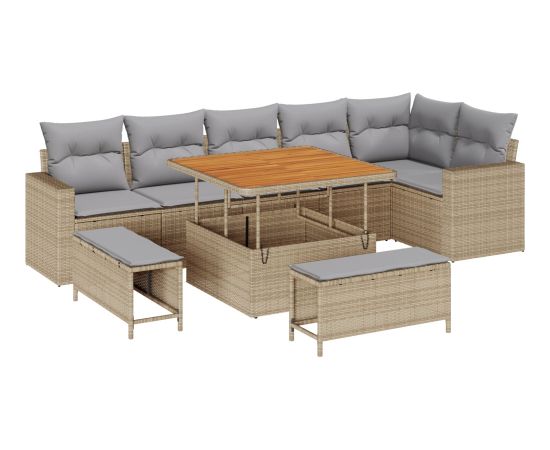 vidaXL 9-częściowy zestaw sof ogrodowych z poduszkami Beżowy Polirattan Akacja Dārza mēbeļu komplekti