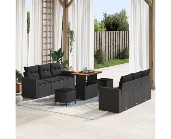 Vidaxl 9-częściowy zestaw sof ogrodowych z poduszkami czarny polirattan akacja Dārza mēbeļu komplekti