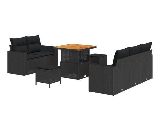 8-częściowy zestaw sof ogrodowych vidaXL z poduszkami Czarny Polirattan Akacja Dārza mēbeļu komplekti