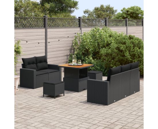 8-częściowy zestaw sof ogrodowych vidaXL z poduszkami Czarny Polirattan Akacja Dārza mēbeļu komplekti