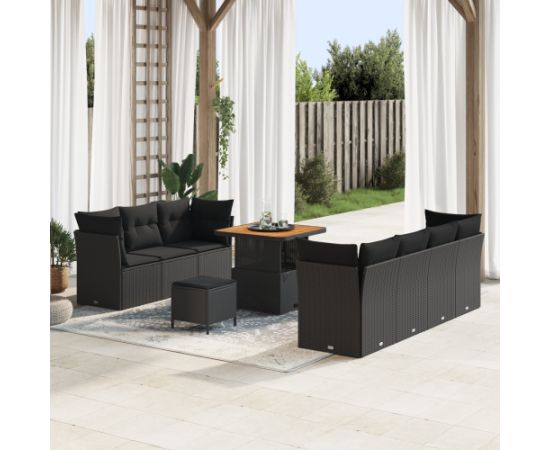 vidaXL 10 Elementowy Zestaw Sofy Ogrodowej z Poduszkami Czarny Polirattan Akacja Dārza mēbeļu komplekti