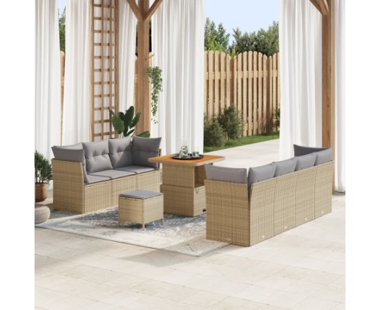 10-częściowy zestaw sof ogrodowych vidaXL z poduszkami Beżowy Polirattan Akacja Dārza mēbeļu komplekti