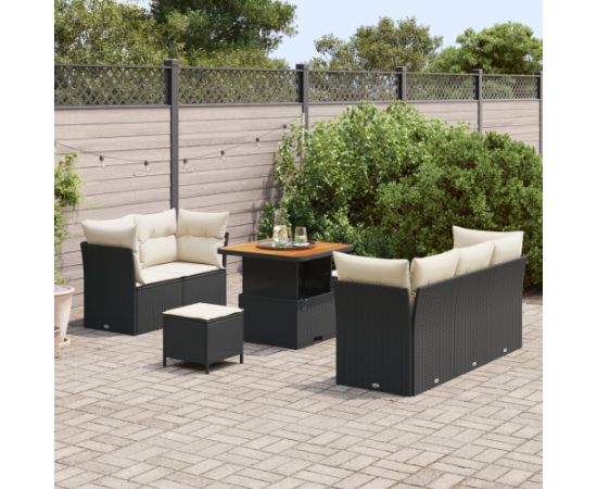 Zestaw Sof Ogrodowych vidaXL 8 Elementowy z Poduszkami Czarny Polirattan Akacja Dārza mēbeļu komplekti