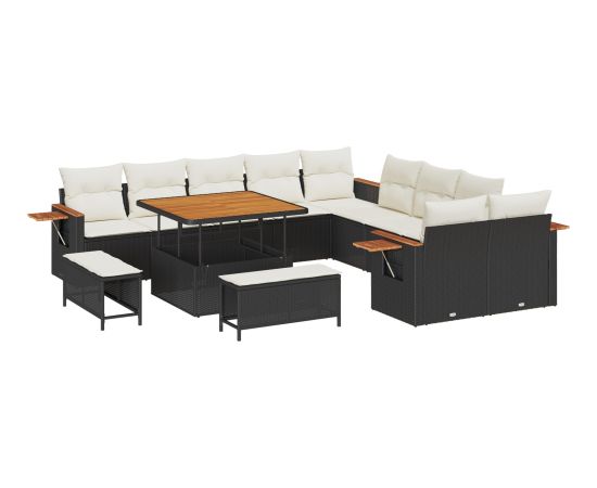 vidaXL 13-elementowy zestaw sofy ogrodowej z poduszkami Czarny Poli Rattan Akacja Dārza mēbeļu komplekti