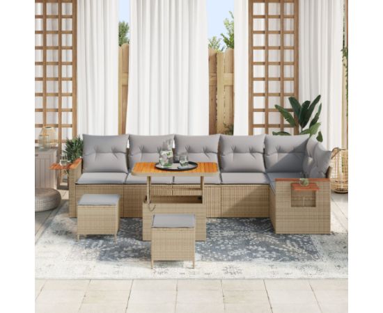 Zestaw Sof Ogrodowych vidaXL 9-częściowy z Poduszkami Beżowy Rattan Akacja Dārza mēbeļu komplekti