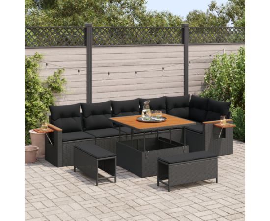 vidaXL 9-częściowy zestaw sof ogrodowych z poduszkami czarny rattan akacja Dārza mēbeļu komplekti