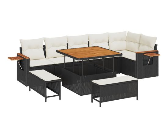 Zestaw sof ogrodowych vidaXL 9 elementów z poduszkami czarny polirattan akacja Dārza mēbeļu komplekti