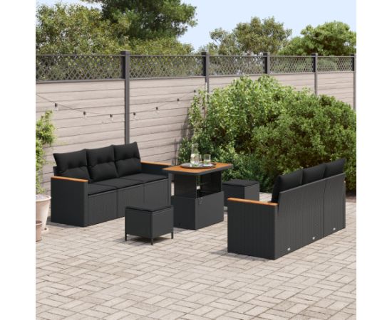9-częściowy zestaw sof ogrodowych vidaXL z poduszkami czarny polirattan akacja Dārza mēbeļu komplekti