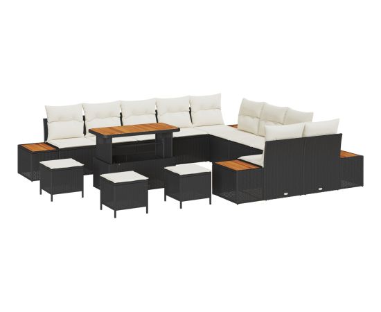 Zestaw 14-elementowy sofa ogrodowa vidaXL z poduszkami Czarny Polirattan Akacja Dārza mēbeļu komplekti