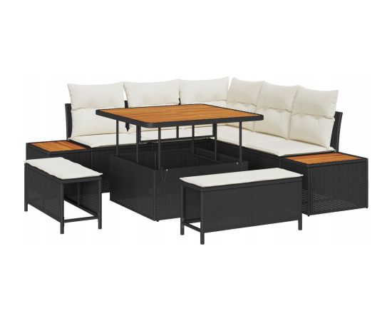 vidaXL 8-częściowy zestaw sof ogrodowych z poduszkami Czarny Polirattan Akacja Dārza mēbeļu komplekti