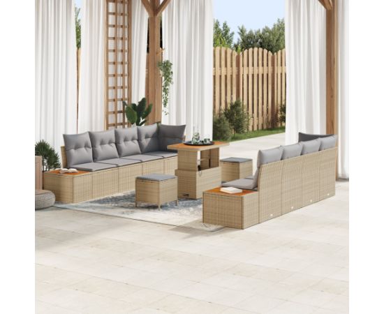 vidaXL 11-Częściowy zestaw sof ogrodowych z poduszkami, beżowy, polirattan, akacja Dārza mēbeļu komplekti