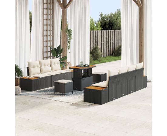 Zestaw sof ogrodowych vidaXL 10-częściowy z poduszkami Czarny Polirattan Akacja Dārza mēbeļu komplekti