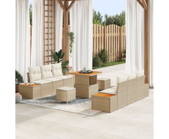 vidaXL 9-częściowy zestaw sof ogrodowych z poduszkami, beżowy, polirattan, akacja Dārza mēbeļu komplekti