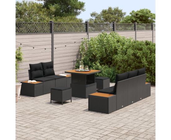 vidaXL 8-częściowy zestaw sof ogrodowych z poduszkami Czarny Polirattan Akacja Dārza mēbeļu komplekti