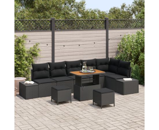 vidaXL Zestaw 9-częściowy sof ogrodowych z poduszkami Czarny Polirattan Akacja Dārza mēbeļu komplekti