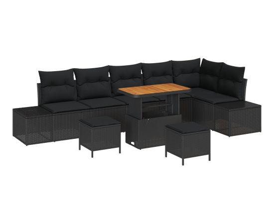 vidaXL Zestaw 9-częściowy sof ogrodowych z poduszkami Czarny Polirattan Akacja Dārza mēbeļu komplekti