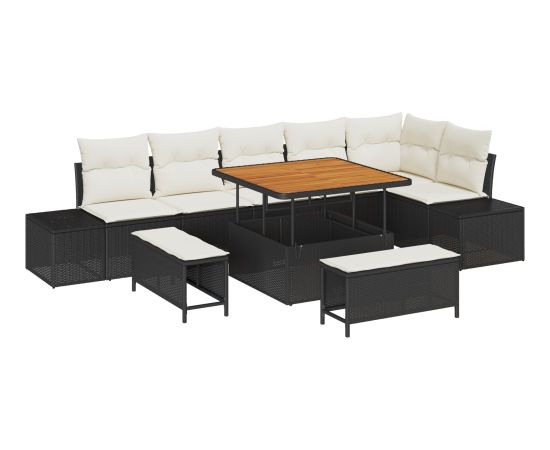 Zestaw 9-częściowy sof ogrodowych vidaXL z poduszkami, czarny polirattan akacja Dārza mēbeļu komplekti
