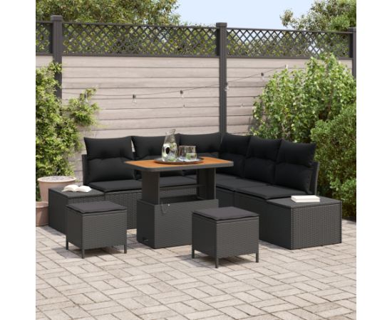 8-częściowy Zestaw Sof Ogrodowych vidaXL z Poduszkami Czarny Rattan Poli Akacja Dārza mēbeļu komplekti
