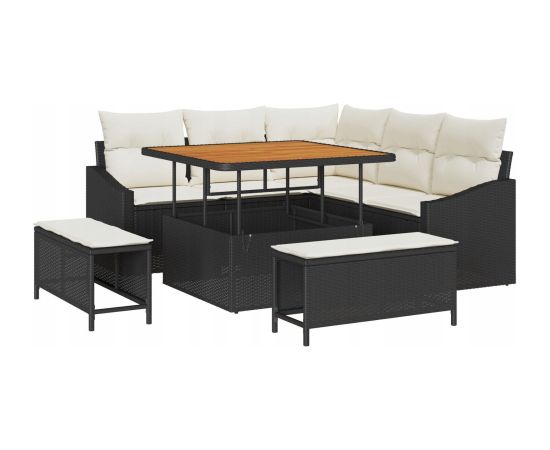 vidaXL 8-częściowy zestaw sof ogrodowych z poduszkami Czarny Polirattan Akacja Dārza mēbeļu komplekti