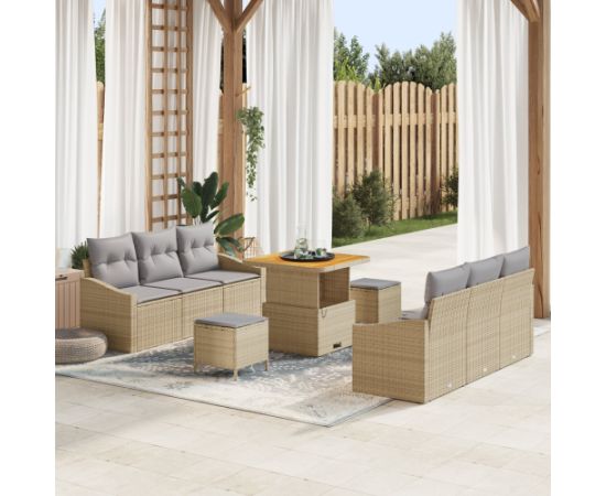9-częściowy zestaw sof ogrodowych vidaXL z poduszkami beżowy polirattan akacja Dārza mēbeļu komplekti