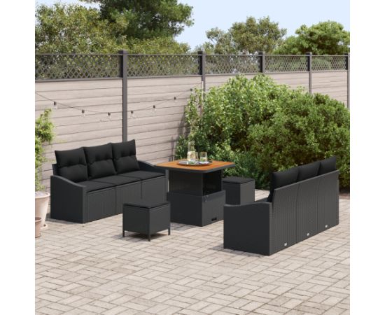 9-częściowy zestaw sof ogrodowych vidaXL z poduszkami czarny polirattan akacja Dārza mēbeļu komplekti