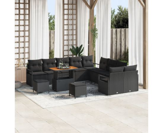 vidaXL Zestaw sof ogrodowych 13-częściowy z poduszkami Czarny Poli Rattan Akacja Dārza mēbeļu komplekti