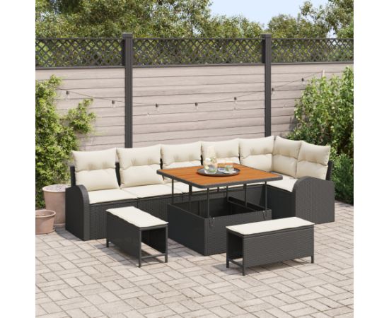 Zestaw sof ogrodowych vidaXL 9-częściowy z poduszkami, czarny polirattan akacja Dārza mēbeļu komplekti
