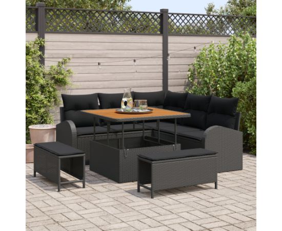 vidaXL 8-częściowy zestaw sof ogrodowych z poduszkami Czarny Polirattan Akacja Dārza mēbeļu komplekti