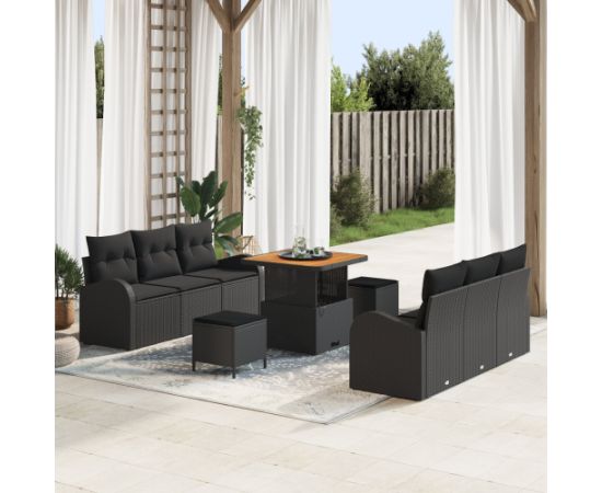 Zestaw Sofa Ogrodowa vidaXL 9-częściowy z Poduszkami Czarny Polirattan Akacja Dārza mēbeļu komplekti