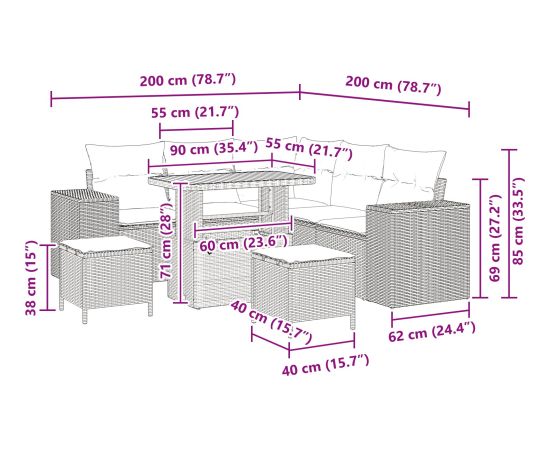 Zestaw Sofowy vidaXL 8 Części z Poduszkami Czarny Polirattan Akacja Dārza mēbeļu komplekti