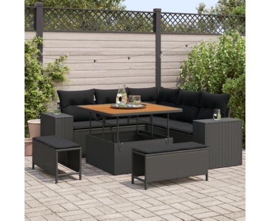 Zestaw sof ogrodowych vidaXL 8-częściowy z poduszkami czarny poli rattan akacja Dārza mēbeļu komplekti