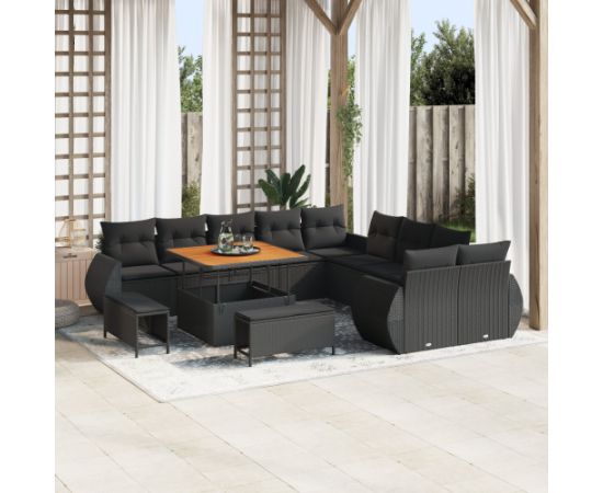 vidaXL 13-częściowy zestaw sof ogrodowych z poduszkami Czarny Polirattan Akacja Dārza mēbeļu komplekti