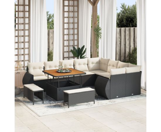 Zestaw sof ogrodowych vidaXL 12-elementowy z poduszkami, czarny, polirattan, akacja Dārza mēbeļu komplekti