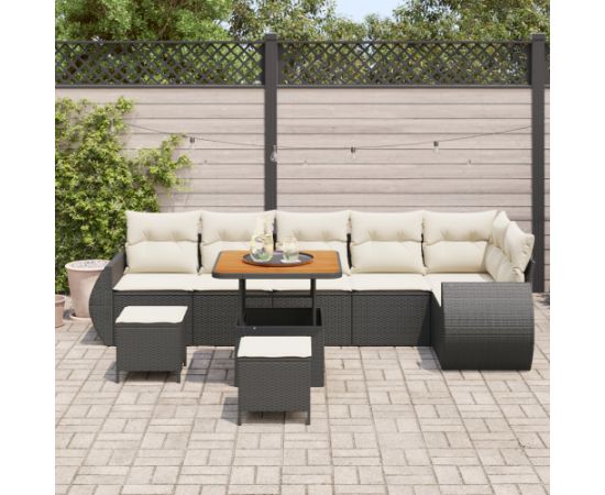 9-częściowy zestaw sof ogrodowych vidaXL z poduszkami czarny polirattan akacja Dārza mēbeļu komplekti