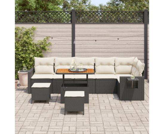 9-elementowy zestaw sofy ogrodowej vidaXL z poduszkami czarny polirattan akacja Dārza mēbeļu komplekti