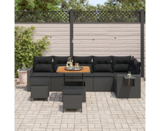 9-częściowy zestaw sof ogrodowych vidaXL z poduszkami czarny polirattan akacja Dārza mēbeļu komplekti