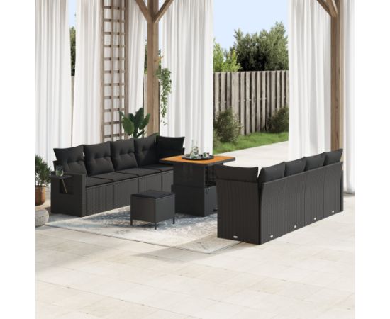 Vidaxl 11-częściowy zestaw sof ogrodowych z poduszkami Czarny Polirattan Akacja Dārza mēbeļu komplekti