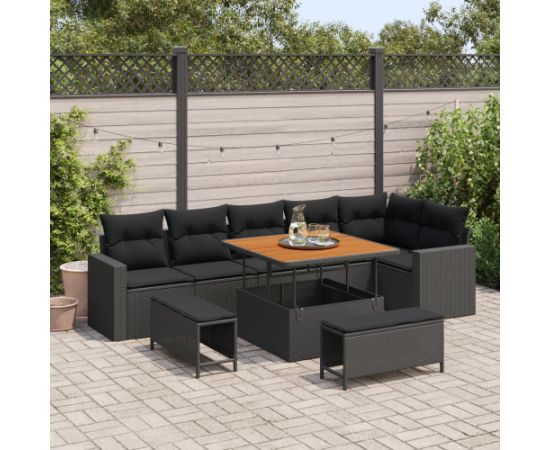 vidaXL 9-częściowy zestaw sof ogrodowych z poduszkami czarny poli rattan akacja Dārza mēbeļu komplekti