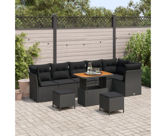 vidaXL 9-częściowy zestaw sof ogrodowych z poduszkami Czarny Polirattan Akacja Dārza mēbeļu komplekti
