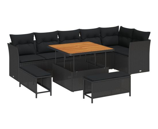 vidaXL 9-częściowy zestaw sof ogrodowych z poduszkami czarny polirattan akacja Dārza mēbeļu komplekti