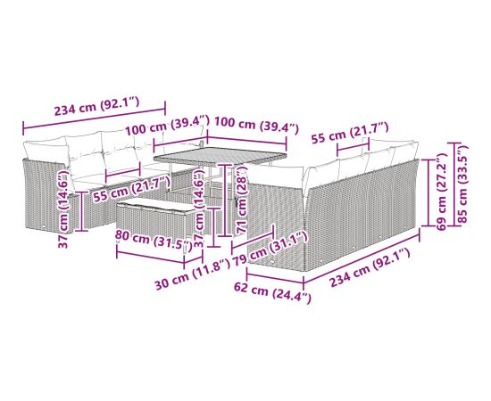 Zestaw ogrodowy vidaXL 11 częściowy z poduszkami czarny polirattan akacja Dārza mēbeļu komplekti