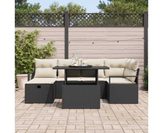 Vidaxl Zestaw 7-częściowy sof ogrodowych z poduszkami Czarny Poli Rattan Dārza mēbeļu komplekti