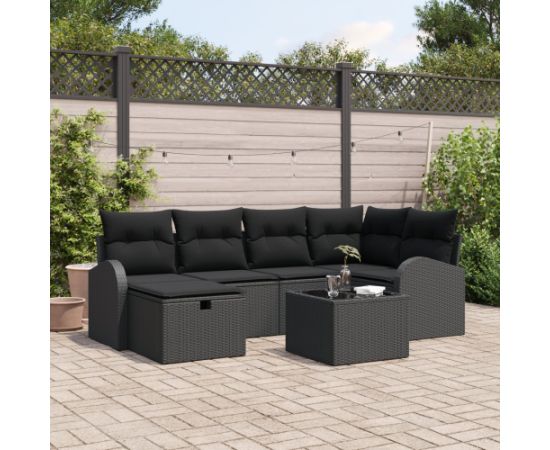 Vidaxl Zestaw 7-częściowy sofy ogrodowej z poduszkami czarny poly rattan Dārza mēbeļu komplekti