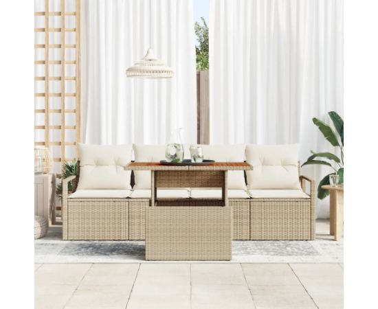 vidaXL 5-częściowy zestaw sof ogrodowych z beżowymi polirattanowymi poduszkami Dārza mēbeļu komplekti