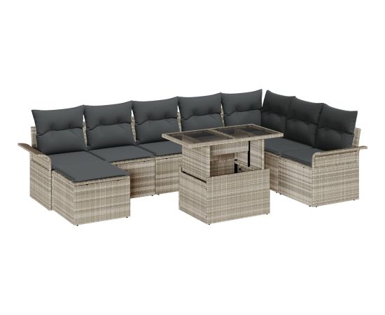 Zestaw sof ogrodowych vidaXL 9-częściowy z poduszkami Jasnoszary Polirattan Dārza mēbeļu komplekti