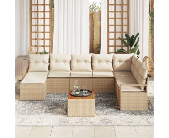 vidaXL 9 Elementowy Zestaw Sofowy do Ogrodu z Poduszkami Beżowy Polirattan Akacja Dārza mēbeļu komplekti